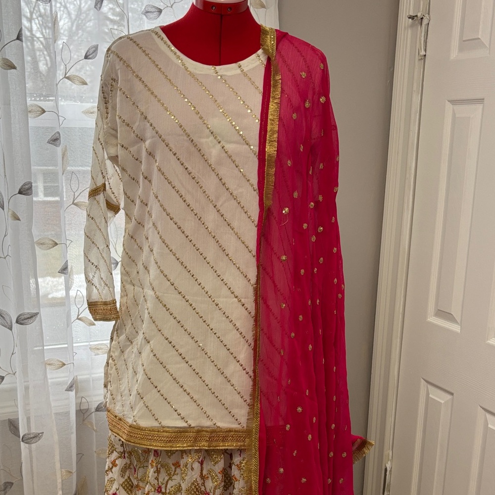 Red Dupatta with Gold Embellished Floral Motifs